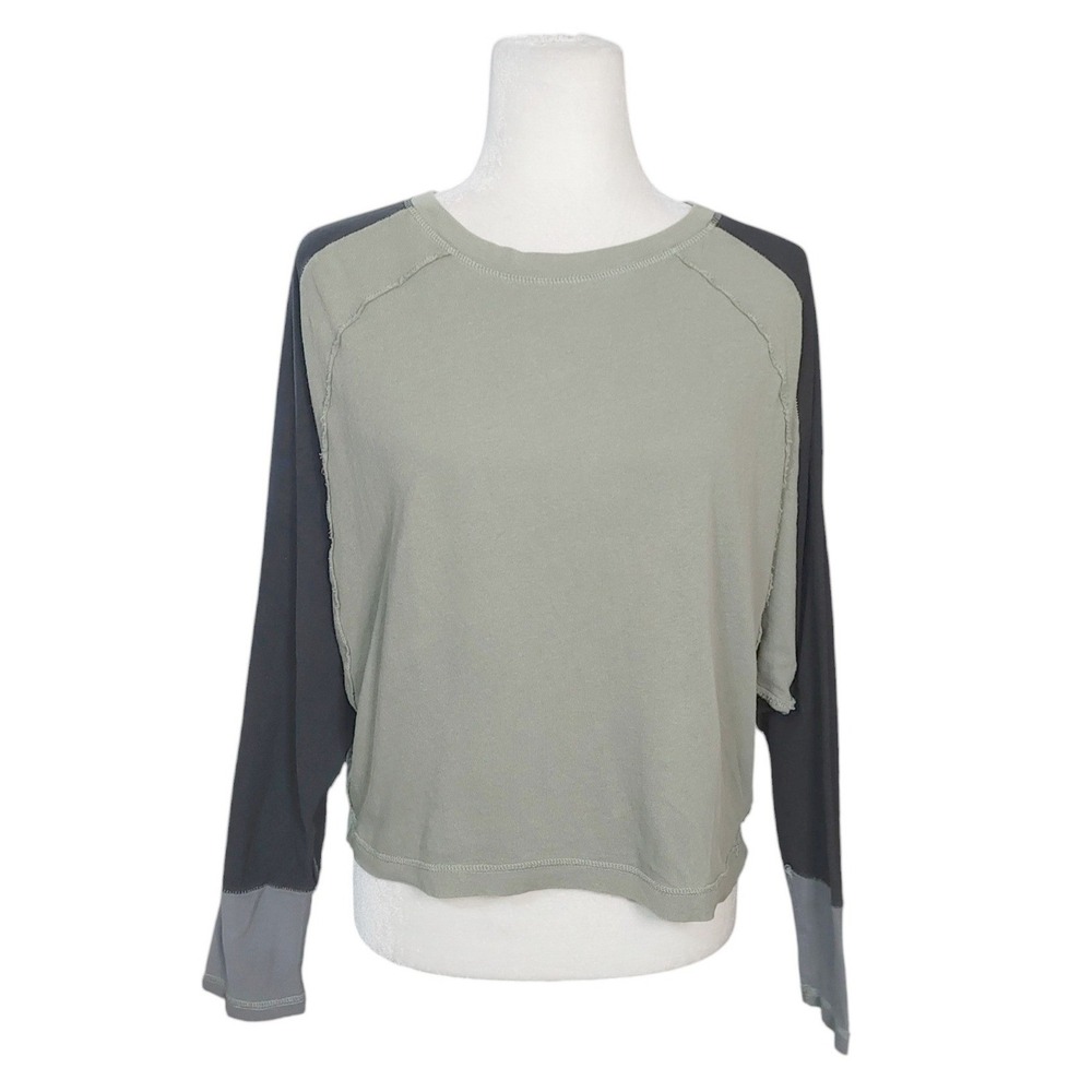 We The Free People Colorblock Long Sleeve Top Green Gray Raglan Muted Small FLAW